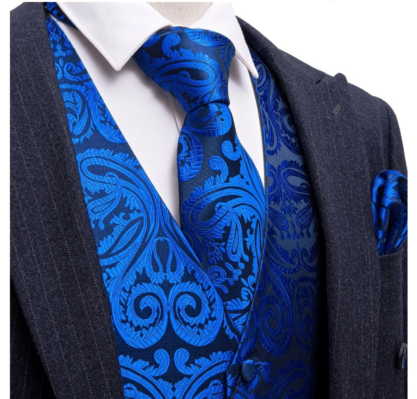 Elegante Blu Seta: Waistcoat, Fazzoletto, Gemelli, Cravatta – Un Sogno Italiano!