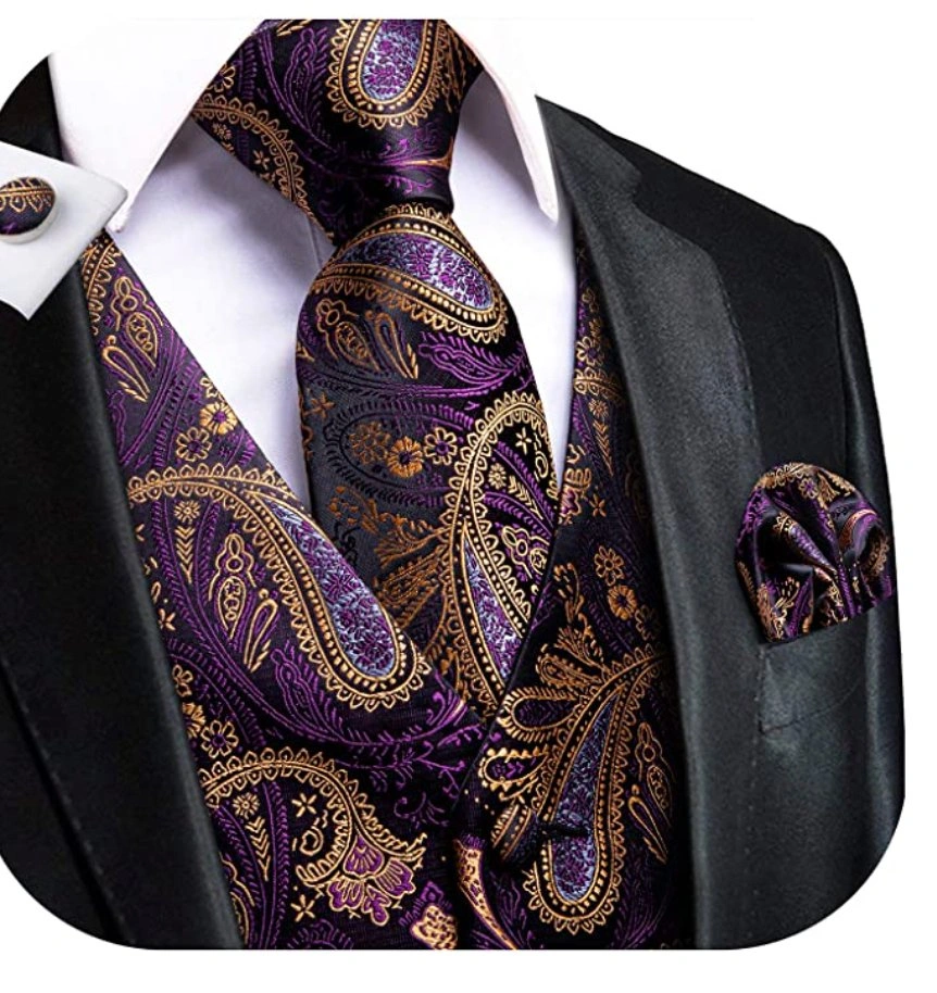 Completo Viola Paisley: Gilet, Cravatta, Pochette e Gemelli Eleganti - Stile Italiano!