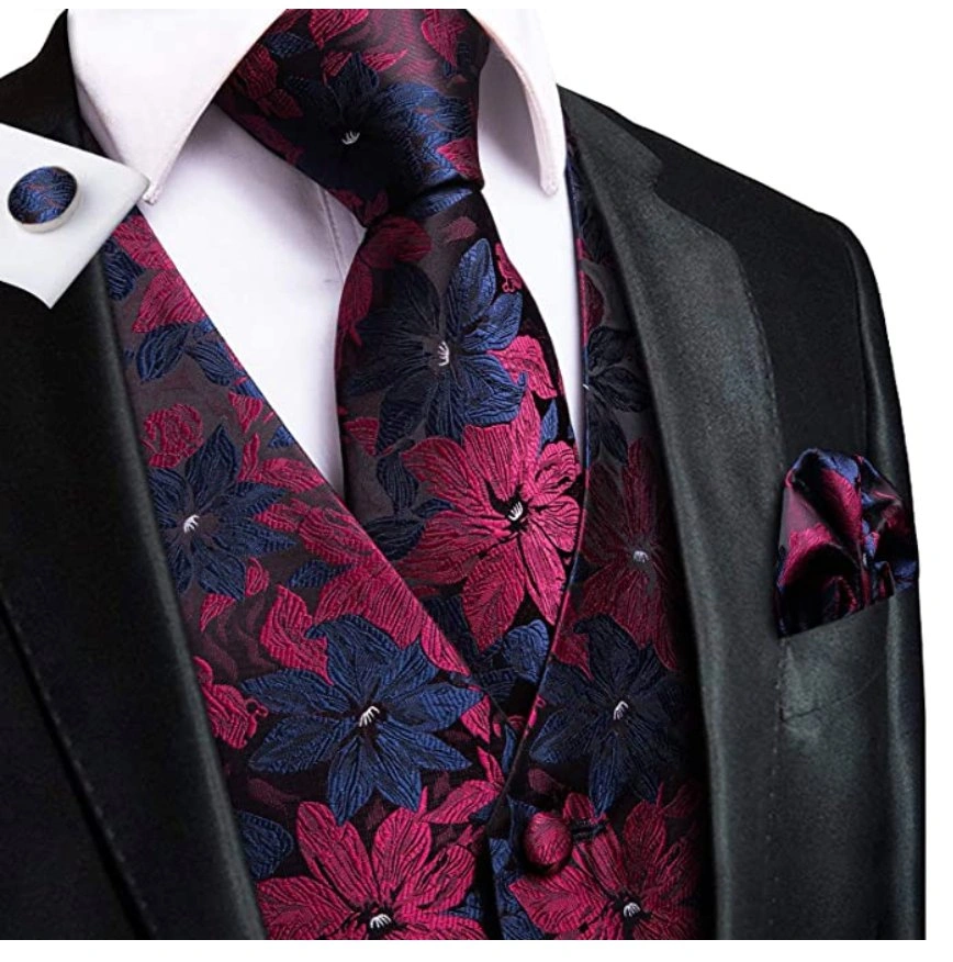 Completo floreale Blu/Rosso: gilet, cravatta, pochette, gemelli, stile italiano, eleganza senza tempo!