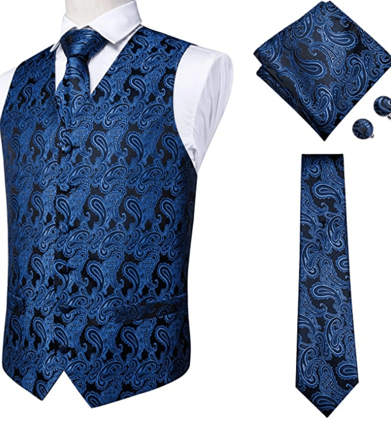 Blu Regale Paisley: Eleganza Italiana in 4 Pezzi per Uomo - Completo Vest, Cravatta, Pochette e Gemelli